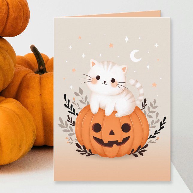 Cute Kitten Sitting On Pumpkin Pastel Halloween  Card (Creator Uploaded)
