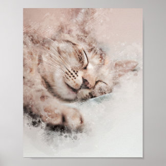 cute kitten sleeping dreamy watercolor painting poster