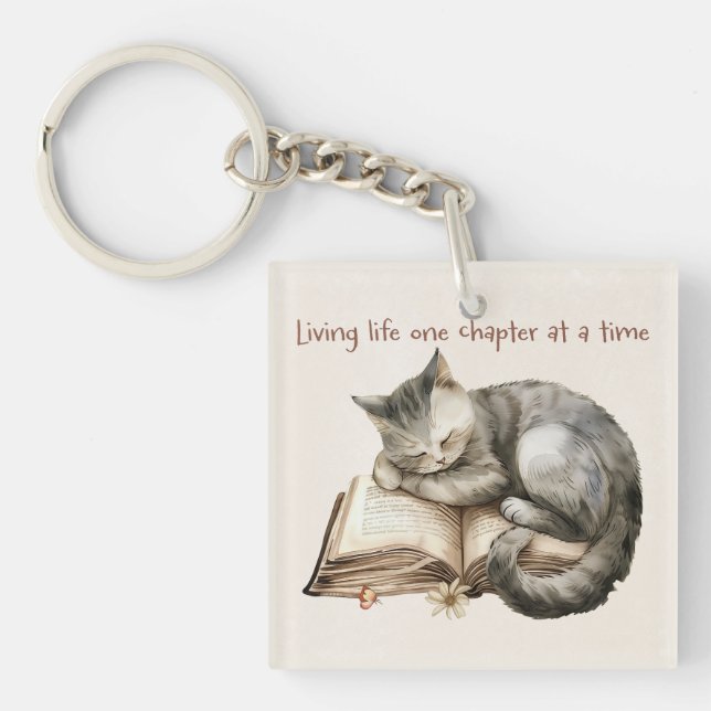 Cute Kitten Sleeping on Open Book Gift Key Ring (Front)