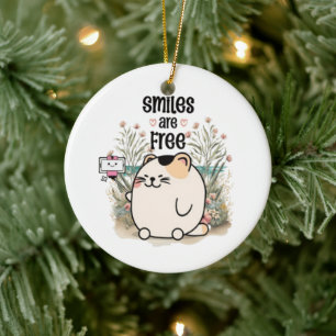 Cute Kitten "Smiles Are Free" Whimsical Christmas Ceramic Tree Decoration