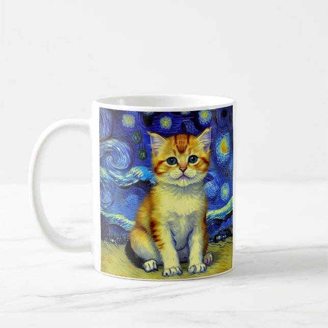 Cute Kitten Starry Night Van Gogh Coffee Mug (Left)