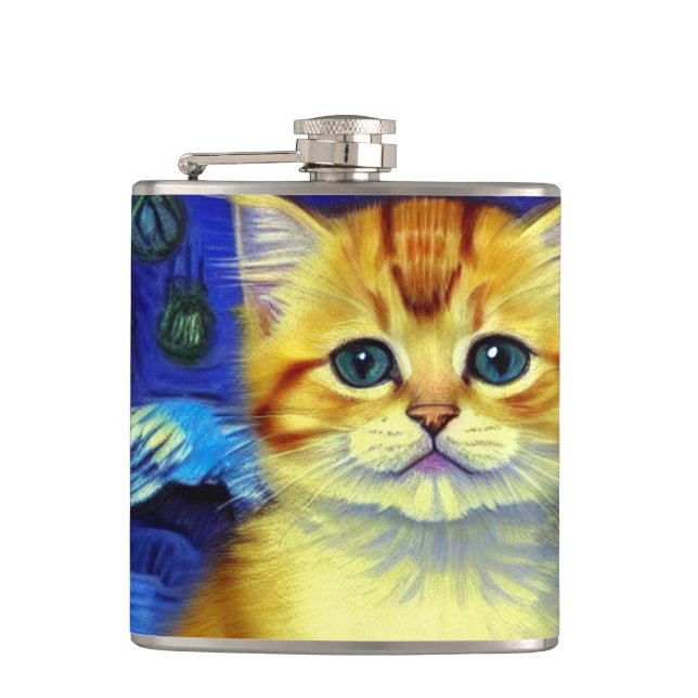 Cute Kitten Starry Night Van Gogh Hip Flask (Front)