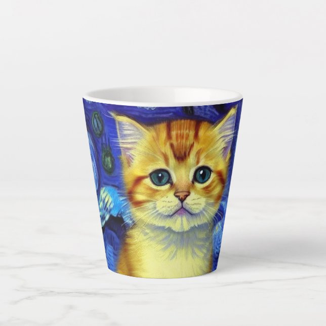 Cute Kitten Starry Night Van Gogh Latte Mug (Front)