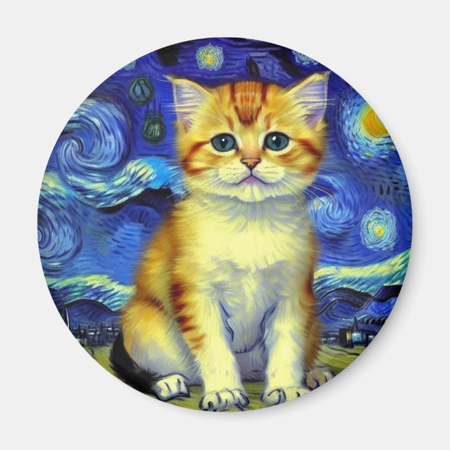 Cute Kitten Starry Night Van Gogh Magnet (Front)