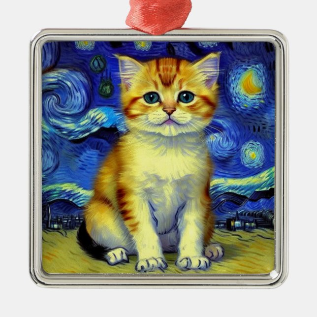 Cute Kitten Starry Night Van Gogh Metal Tree Decoration (Front)