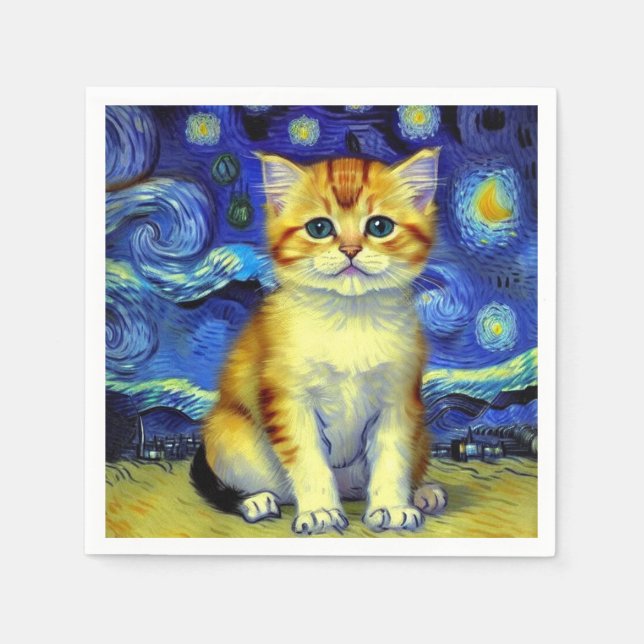Cute Kitten Starry Night Van Gogh Napkin (Front)
