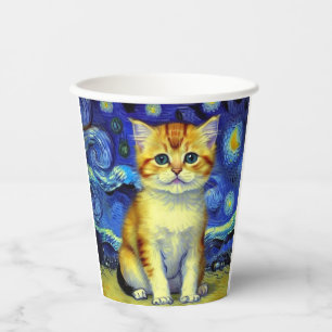 Cute Kitten Starry Night Van Gogh Paper Cups