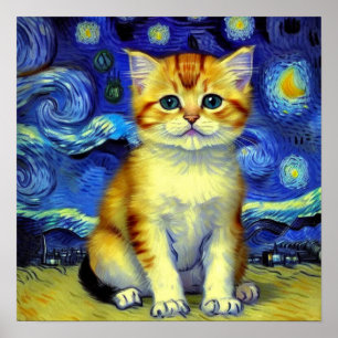Cute Kitten Starry Night Van Gogh Poster