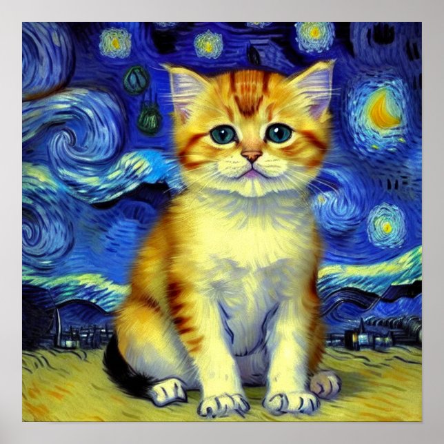 Cute Kitten Starry Night Van Gogh Poster (Front)