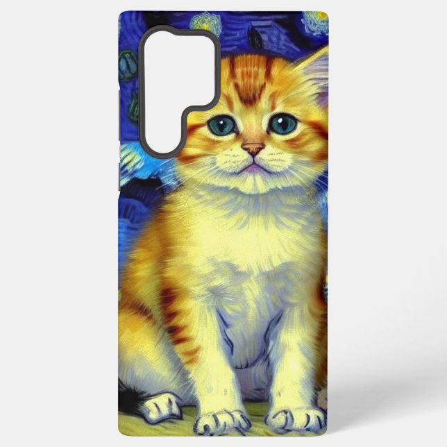 Cute Kitten Starry Night Van Gogh Samsung Galaxy S22 Ultra Case (Back)