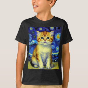 Cute Kitten Starry Night Van Gogh T-Shirt