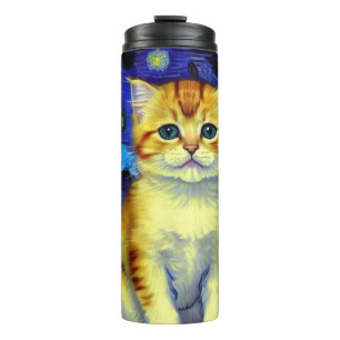 Cute Kitten Starry Night Van Gogh Thermal Tumbler