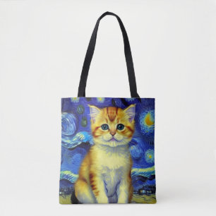 Cute Kitten Starry Night Van Gogh Tote Bag
