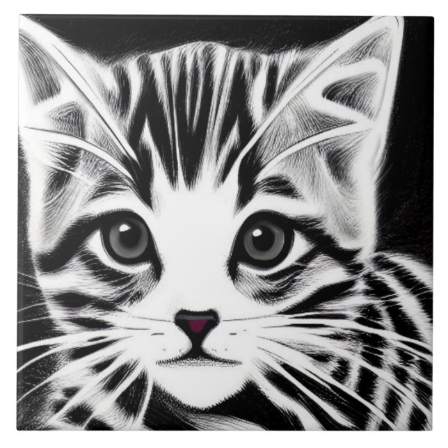 Cute kitten striped black white tile (Front)