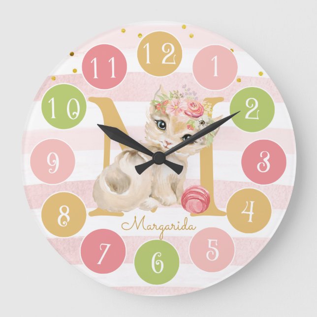 Cute Kitten Sweet Monogram Colourful  Large Clock (Front)