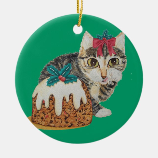 cute kitten tabby cat eating pudding at christmas ceramic tree decoration (Front)