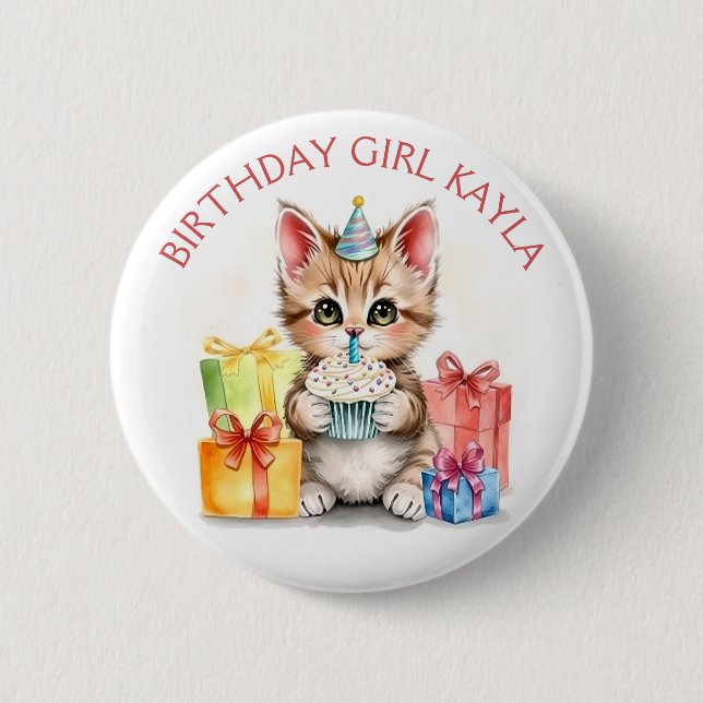 Cute Kitten themed Birthday Girl Personalised 6 Cm Round Badge (Front)