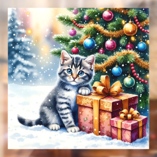 Cute Kitten Under Christmas Tree