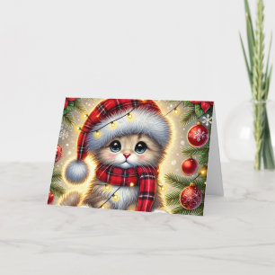 Cute Kitten Under Christmas Tree Holiday Card