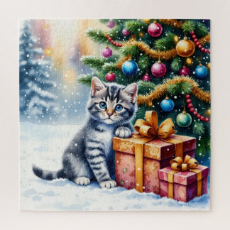 Cute Kitten Under Christmas Tree Jigsaw Puzzle