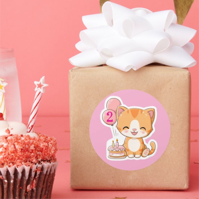 Cute Kitten w Balloons, 2nd Birthday  Classic Round Sticker (Party)