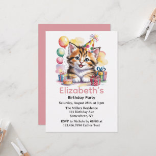 Cute Kitten Watercolor Birthday Party Invitation