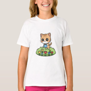 Cute Kitten Watering Garden Flowers Kids T-Shirt