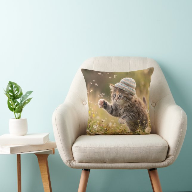 Cute Kitten Wearing a Hat Playing with Dandelions Cushion (Chair)