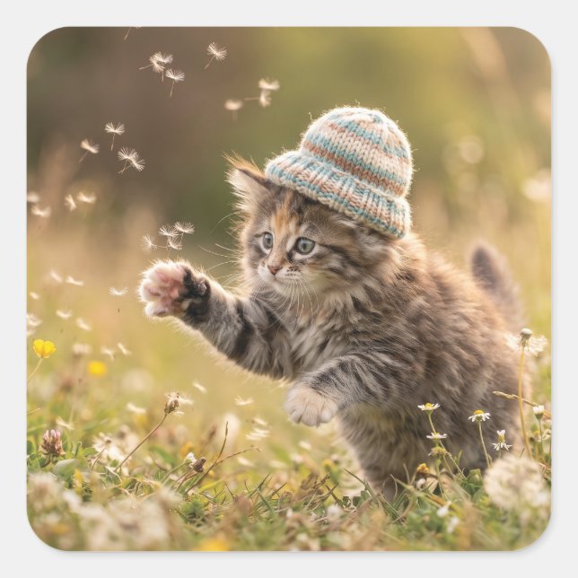 Cute Kitten Wearing a Hat Playing with Dandelions Square Sticker (Front)