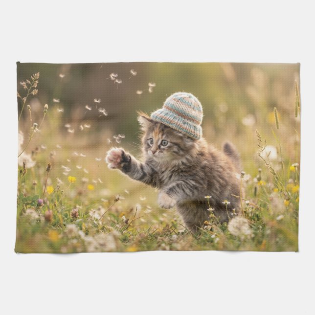 Cute Kitten Wearing a Hat Playing with Dandelions Tea Towel (Horizontal)