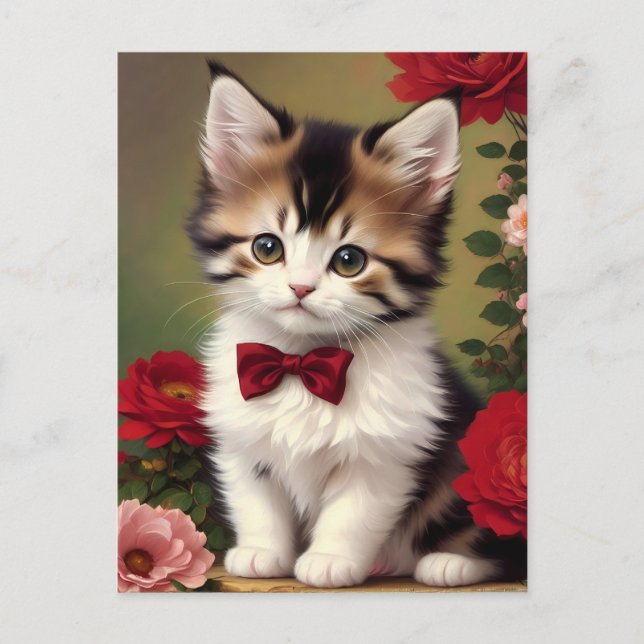 Cute Kitten Wearing a Red Bow Postcard (Front)
