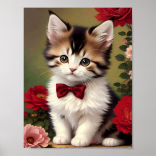 Cute Kitten Wearing a Red Bow Poster