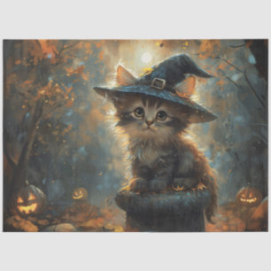 Cute Kitten Wearing a Witch Hat Decoupage Tissue Paper