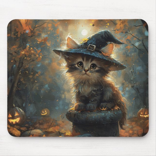 Cute Kitten Wearing a Witch Hat Mouse Pad (Front)