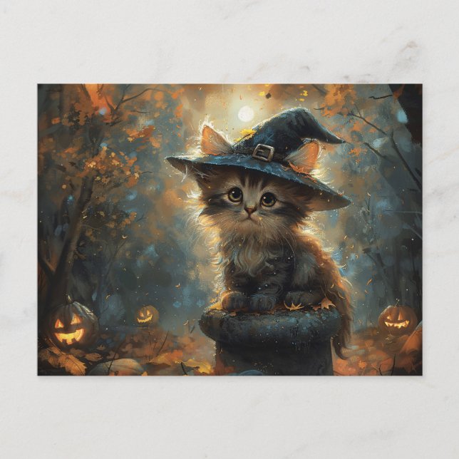 Cute Kitten Wearing a Witch Hat Postcard (Front)