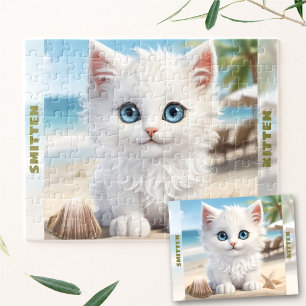 Cute Kitten White Cat Beach Summer Custom Name Jigsaw Puzzle