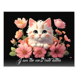 Cute Kitten White Cat in Flower Black Personalised Photo Print