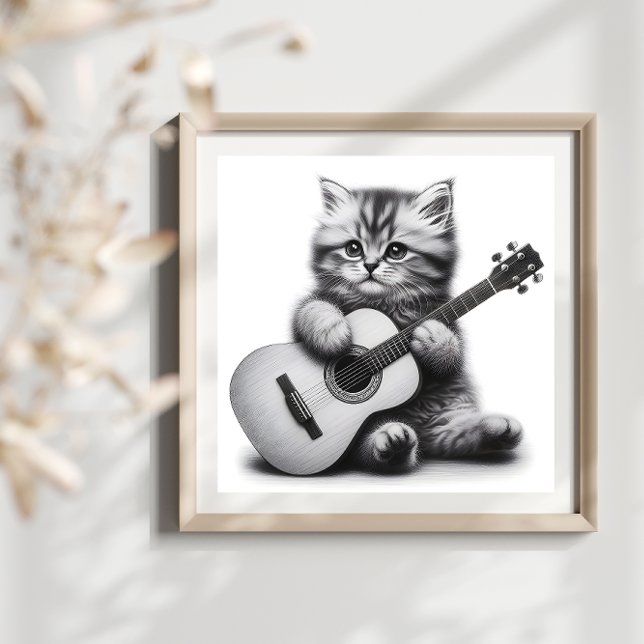 Cute Kitten with Acoustic Guitar Pencil Portrait  Poster (Creator Uploaded)