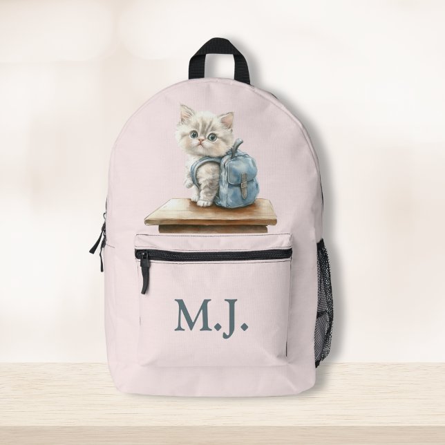 Cute Kitten with Backpack Custom Monogram Backpack (Cute Kitten with Backpack Custom Monogram Backpack on wooden table)