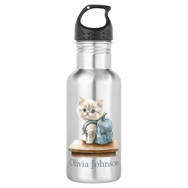 Cute Kitten with Backpack Personalised 532 Ml Water Bottle (Front)