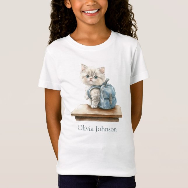 Cute Kitten with Backpack Personalised Kid T-Shirt (Front)