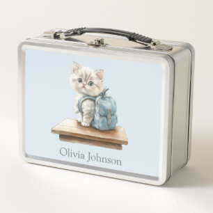 Cute Kitten with Backpack Personalised Metal Lunch Box