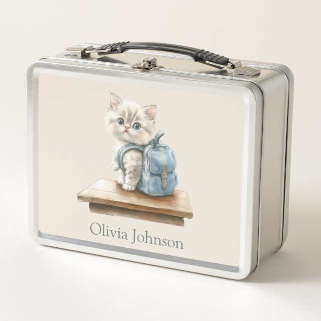 Cute Kitten with Backpack Personalised Metal Lunch Box (Front)