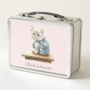 Cute Kitten with Backpack Personalized Metal Lunch Box