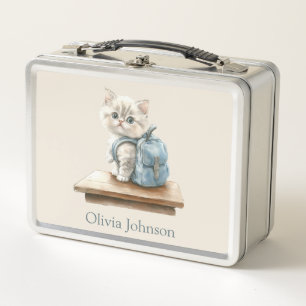 Cute Kitten with Backpack Personalized Metal Lunch Box