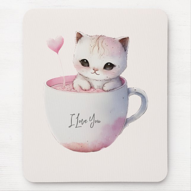 Cute Kitten with Balloon Heart Mouse Pad (Front)