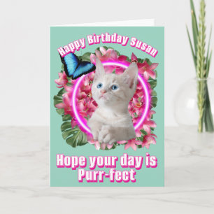  Cute Kitten with blue butterfly on neon tropical Card