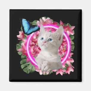 Cute Kitten with blue butterfly on neon tropical Magnet