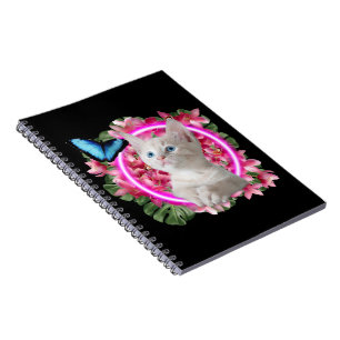 Cute Kitten with blue butterfly on neon tropical Notebook