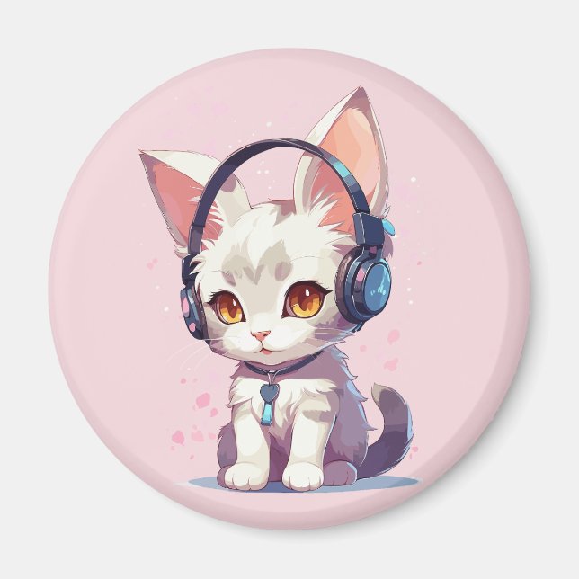 Cute Kitten with Headphones Charm Magnet (Front)